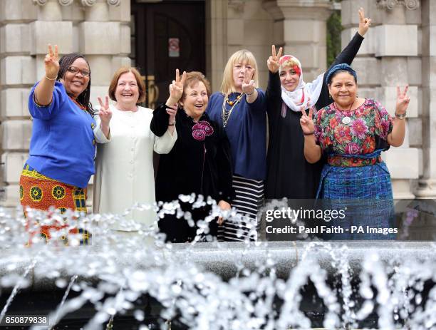 Nobel Laureates Leymah Gbowee, Mairead Maguire, Shirin Ebadi, Jody Williams, Tawakkol Karman, Rigoberta Menchu Tum arriving at Belfast City H to...