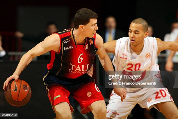 Vlado Ilievski, #6 of TAU Ceramica competes with Yohann Sangare, #20 of AJ Milano during the Euroleague Basketball Last 16 Game 4 match between...