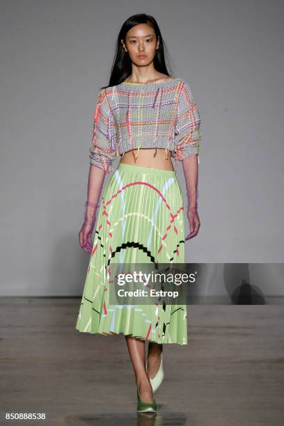 Model walks the runway at the Cristiano Burani show during Milan Fashion Week Spring/Summer 2018 on September 20, 2017 in Milan, Italy.