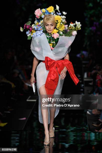 Gigi Hadid walks the runway at the Moschino show during Milan Fashion Week Spring/Summer 2018 on September 21, 2017 in Milan, Italy.