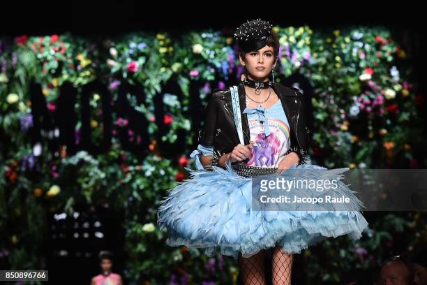 Kaia Gerber walks the runway at the Moschino show during Milan Fashion Week Spring/Summer 2018 on September 21, 2017 in Milan, Italy.
