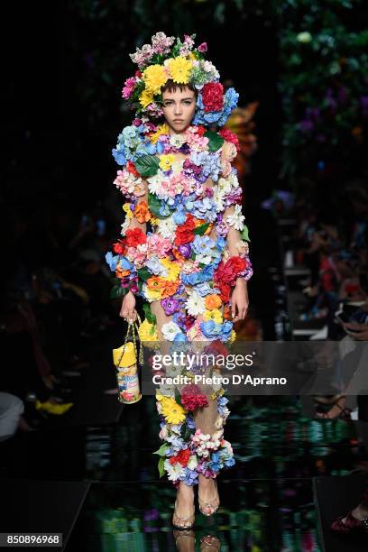 Model walks the runway at the Moschino show during Milan Fashion Week Spring/Summer 2018 on September 21, 2017 in Milan, Italy.