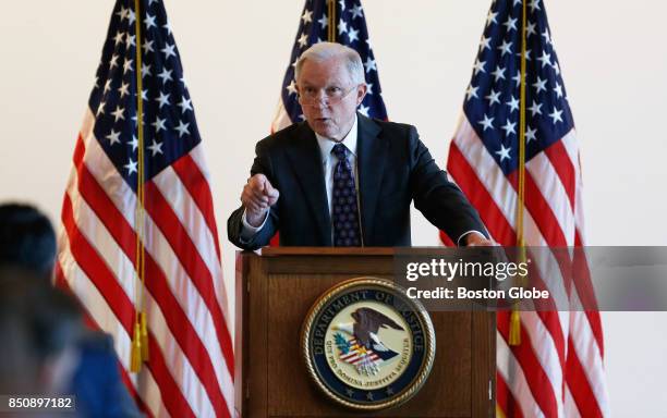 Attorney General Jeff Sessions gives remarks to federal law enforcement about transnational criminal organizations at the Moakley Courthouse in...