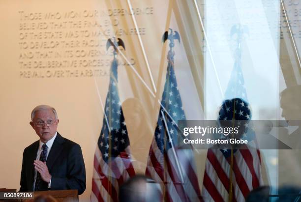 Attorney General Jeff Sessions gives remarks to federal law enforcement about transnational criminal organizations at the Moakley Courthouse in...