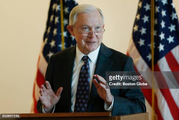 Attorney General Jeff Sessions gives remarks to federal law enforcement about transnational criminal organizations at the Moakley Courthouse in...