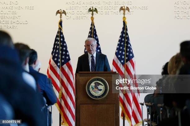 Attorney General Jeff Sessions gives remarks to federal law enforcement about transnational criminal organizations at the Moakley Courthouse in...