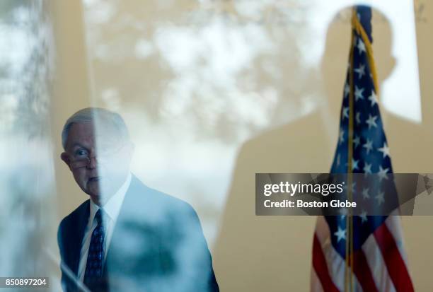 Attorney General Jeff Sessions gives remarks to federal law enforcement about transnational criminal organizations at the Moakley Courthouse in...