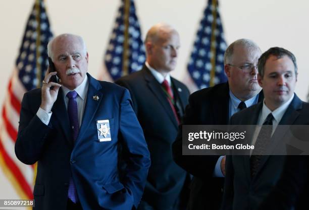 Bristol County Sheriff Thomas M. Hodgson, left, arrives to an event where U.S. Attorney General Jeff Sessions was to speak with members of law...