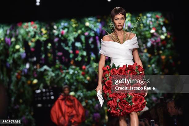 Joan Smalls walks the runway at the Moschino show during Milan Fashion Week Spring/Summer 2018 on September 21, 2017 in Milan, Italy.