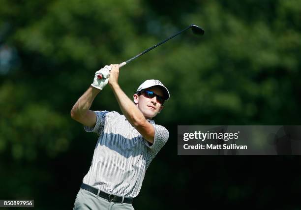 Scott Langley hits his tee shot on the second hole during the first round of the Web.com Tour DAP Championship on September 21, 2017 in Beachwood,...