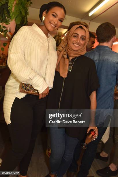 Manal Abduljalil and Foreda Begum attend the Starbucks x Skinnydip PSL Season party at 29 Neal Street on September 21, 2017 in London, England.