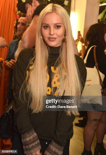 Betsy Blue English attends the Starbucks x Skinnydip PSL Season party at 29 Neal Street on September 21, 2017 in London, England.