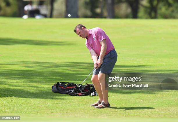 Gary Gruber of Royal Dornoch Golf Club chips on to the 18th green during The Lombard Trophy Final - Day One on September 21, 2017 in Albufeira,...