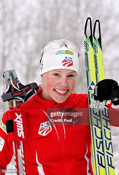 Kikkan Randall of USA poses with the Silver medal won during the Ladies Cross Country Sprint Final A at the FIS Nordic World Ski Championships 2009...