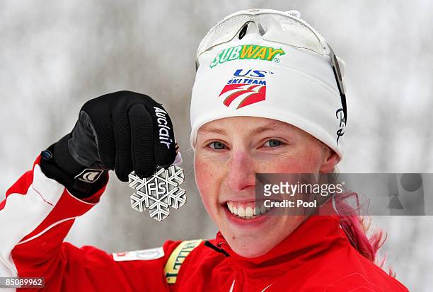 Kikkan Randall of USA poses with the Silver medal won during the Ladies Cross Country Sprint Final A at the FIS Nordic World Ski Championships 2009...