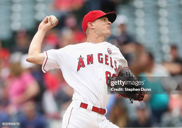Parker Bridwell of the Los Angeles Angels of Anaheim throws a pitch in the first inning against the Cleveland Indians on September 21, 2017 at Angel...