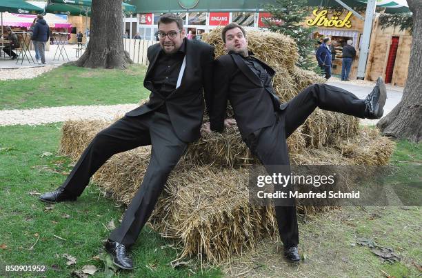 Austrian cabaret artists Flo und Wisch pose during the opening of Wiener Wiesn-Fest 2017 at Kaiserwiese on September 21, 2017 in Vienna, Austria.