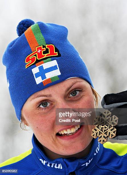 Pirjo Muranen of Finland poses with the Bronze medal won during the Ladies Cross Country Sprint Final A at the FIS Nordic World Ski Championships...
