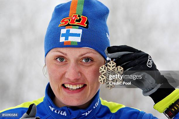 Pirjo Muranen of Finland poses with the Bronze medal won during the Ladies Cross Country Sprint Final A at the FIS Nordic World Ski Championships...