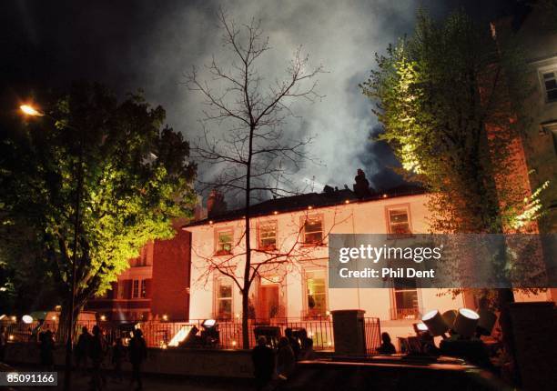 Photo of ABBEY ROAD, Abbey Road Studios viewed from the front showing searchlights and dry ice