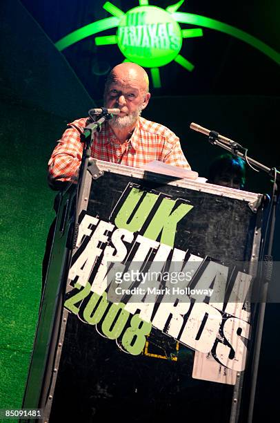 Photo of Michael EAVIS, Michael Eavis on stage receiving his Outstanding Contribution Award at the UK Festival Awards 2008