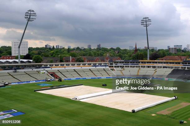 General view of Edgbaston Cricket Ground as play is abandoned without a ball being bowled in the ICC Champions Trophy Warm Up match at Edgbaston,...