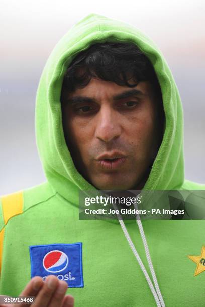 Pakistan captain Misbah ul Haq leaves the field as rain falls before the ICC Champions Trophy Warm Up match at Edgbaston, Birmingham.