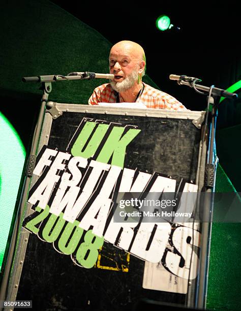 Photo of Michael EAVIS, Michael Eavis on stage receiving the award for Best Major Festival at the UK Festival Awards 2008