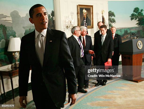 President Barack Obama departs the Diplomatic Reception Room of the White House after making a statement discussing the need for financial regulatory...