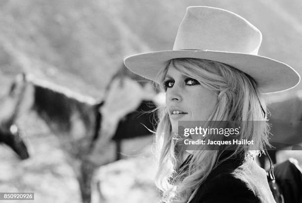 Brigitte Bardot, who plays Countess Irina Lazaar, on the set during the filming of the 1968 western "Shalaco".