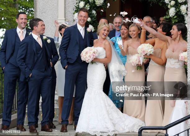 Manchester United footballer Jonny Evans and Helen McConnell after their wedding at Clough Presbyterian Church, County Down.