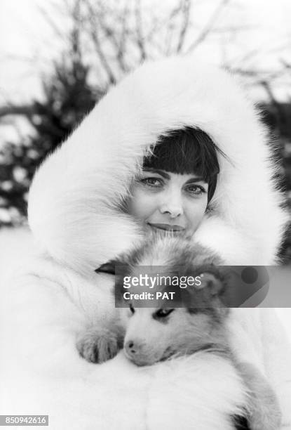 Mireille Mathieu avec une capuche en fourrure et un chien lors d'une promenade dans la neige en janvier 1977, Canada.