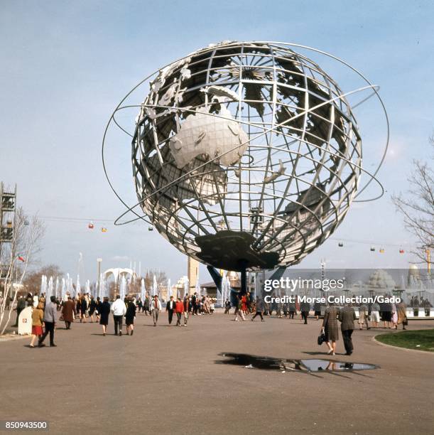 View facing east of the steel Unisphere globe, symbol of the 1964 New York World's Fair, in Flushing Meadows Park, Corona, Queens, New York City,...