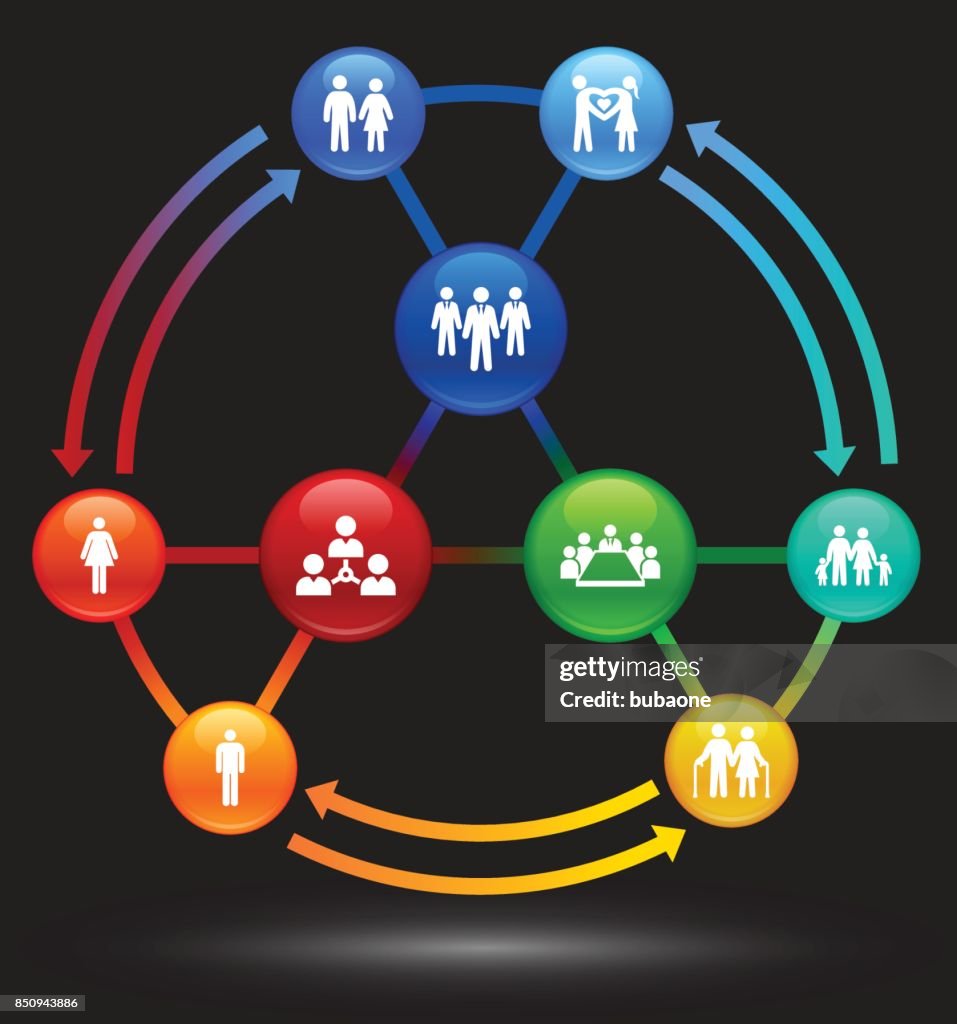 Menschen und modernen Lebens Symbole auf dunklem Hintergrund mit Pfeilen