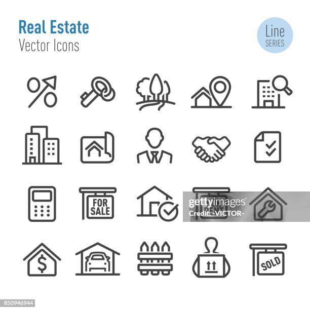 ilustraciones, imágenes clip art, dibujos animados e iconos de stock de inmobiliaria los iconos - vector línea serie - propietario de vivienda para alquilar