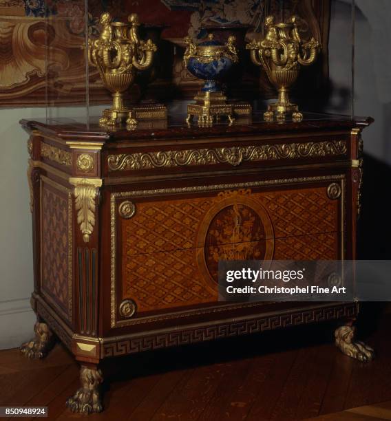 Jean-Francois Leleu , Marquetry chest of drawers from Prince de Conde's bedroom at the Palais Bourbon. Paris Louvre Museum.