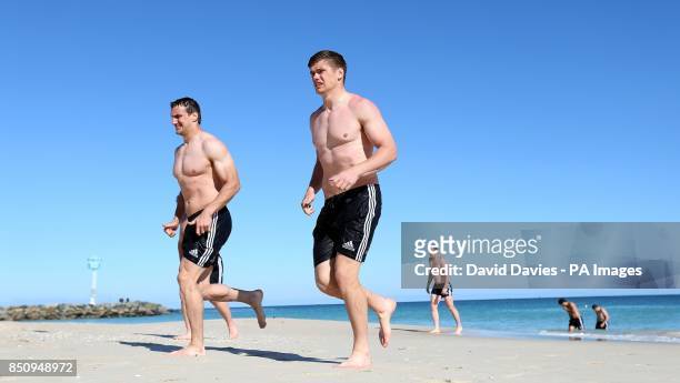 British and Irish Lions Owen Farrell and Sam Warburton during a recovery session at City Beach, Perth in Australia.
