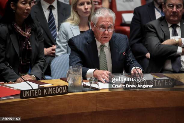 Secretary of State Rex Tillerson speaks during a UN Security Council meeting concerning nuclear non-proliferation, during the United Nations General...