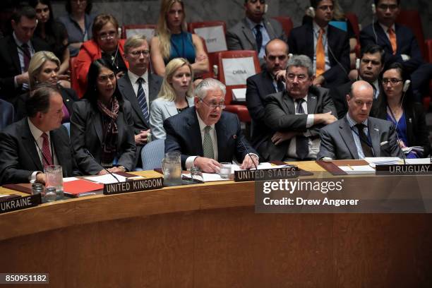 Secretary of State Rex Tillerson speaks during a UN Security Council meeting concerning nuclear non-proliferation, during the United Nations General...