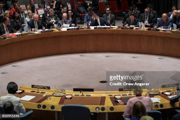 Secretary of State Rex Tillerson speaks during a UN Security Council meeting concerning nuclear non-proliferation, during the United Nations General...
