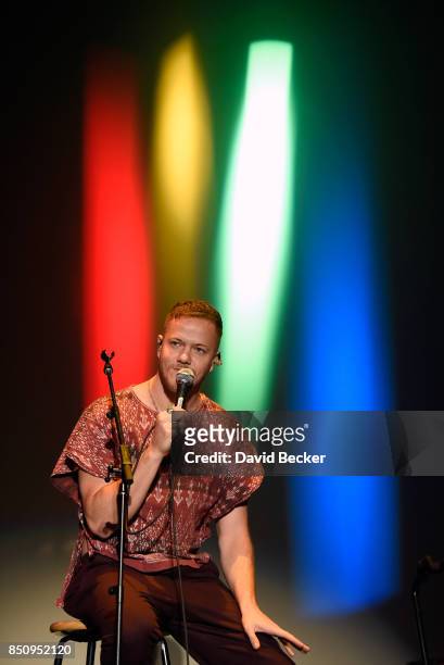 Frontman Dan Reynolds of Imagine Dragons performs after the band, joined by VH1 Save The Music Foundation, Life is Beautiful and Toyota, presented...