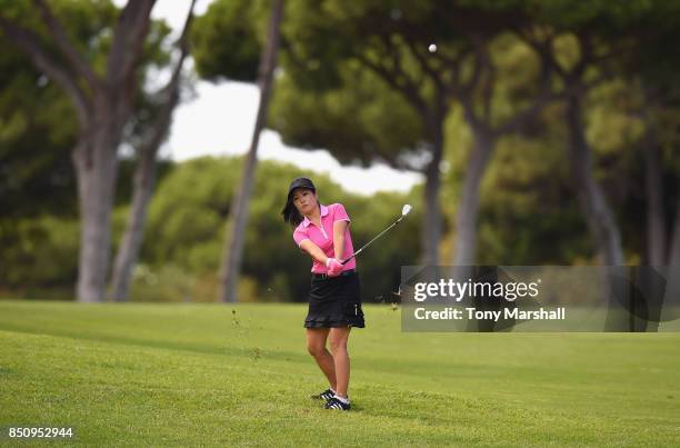 Cherry Clarke of Three Rivers Golf & Country Club chips on to the 18th green during The WPGA Lombard Trophy Final - Day One on September 21, 2017 in...