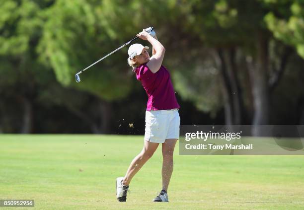 Kym Larratt of Kibworth Golf Club plays her second shot on the 18th fairway during The WPGA Lombard Trophy Final - Day One on September 21, 2017 in...