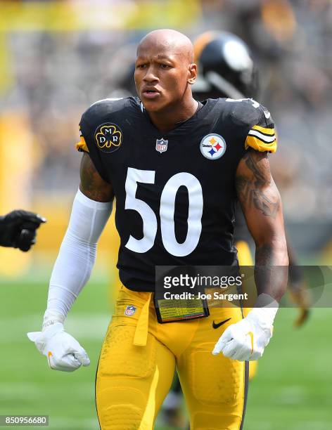 Ryan Shazier of the Pittsburgh Steelers looks on during the game against the Minnesota Vikings at Heinz Field on September 17, 2017 in Pittsburgh,...