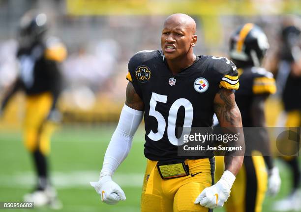 Ryan Shazier of the Pittsburgh Steelers looks on during the game against the Minnesota Vikings at Heinz Field on September 17, 2017 in Pittsburgh,...