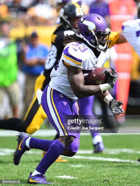 Dalvin Cook of the Minnesota Vikings in action during the game against the Pittsburgh Steelers at Heinz Field on September 17, 2017 in Pittsburgh,...