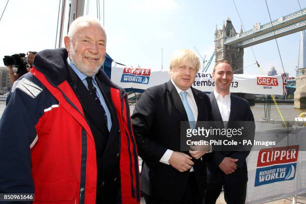 London Mayor Boris Johnson , Sir Robin Knox-Johnston and St Katharine Docks Project Director Ben Walford at the announcement for London to host the...
