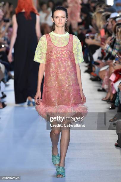 Model walks the runway at the Vivetta Spring Summer 2018 fashion show during Milan Fashion Week on September 21, 2017 in Milan, Italy.