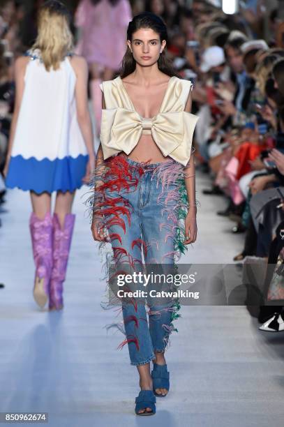 Model walks the runway at the Vivetta Spring Summer 2018 fashion show during Milan Fashion Week on September 21, 2017 in Milan, Italy.