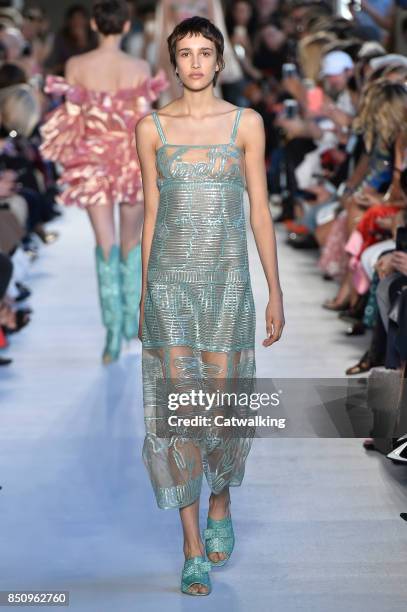 Model walks the runway at the Vivetta Spring Summer 2018 fashion show during Milan Fashion Week on September 21, 2017 in Milan, Italy.